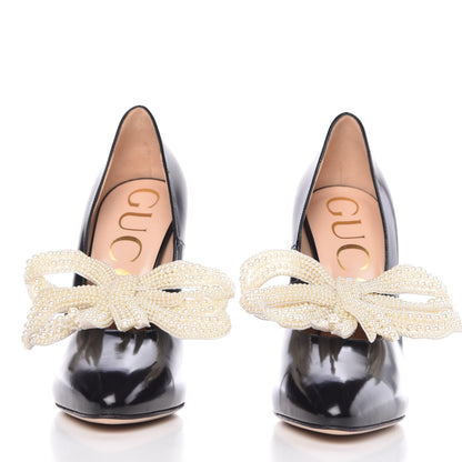 Gucci Polished Calfskin Removable Pearly Bow Elaisa Platform High Heel Pumps 36 Black 3 of 13