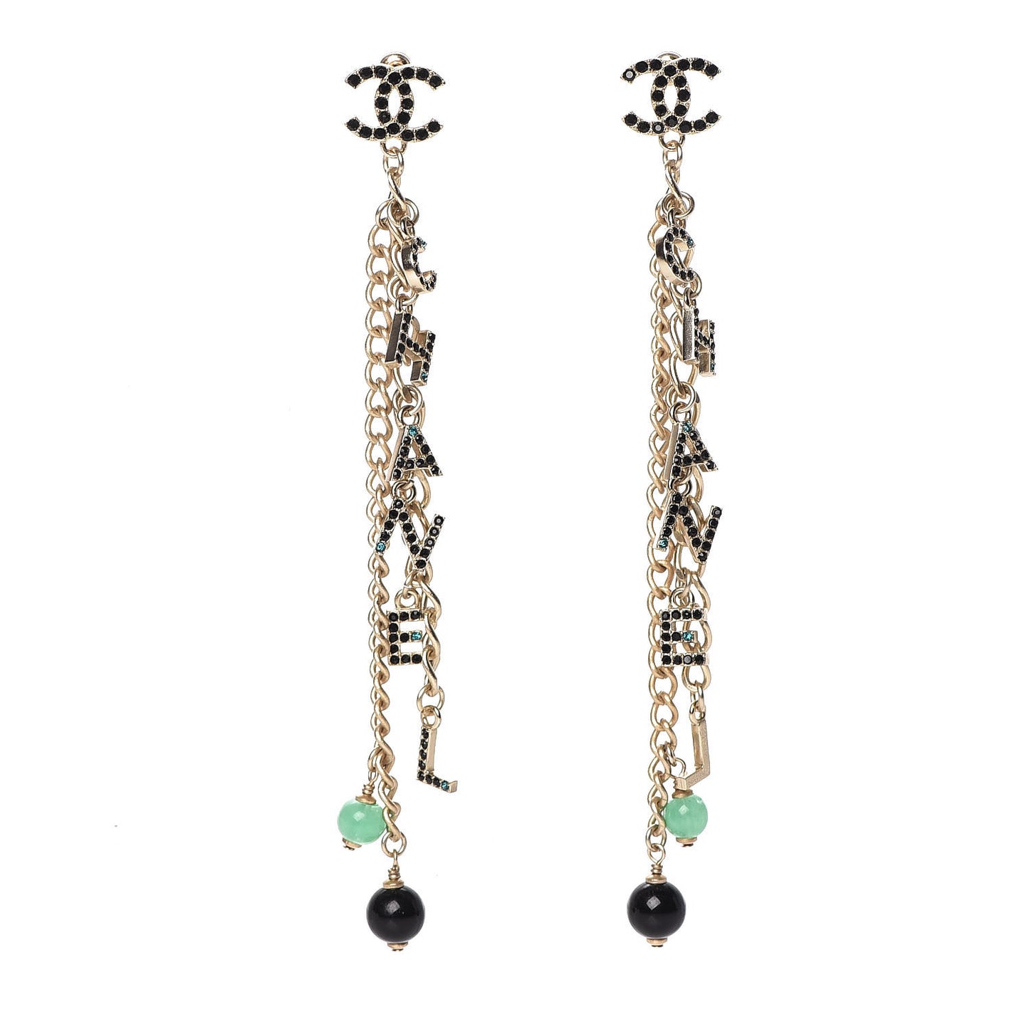 Crystal Bead Logo Chain Logo Drop Earrings Gold