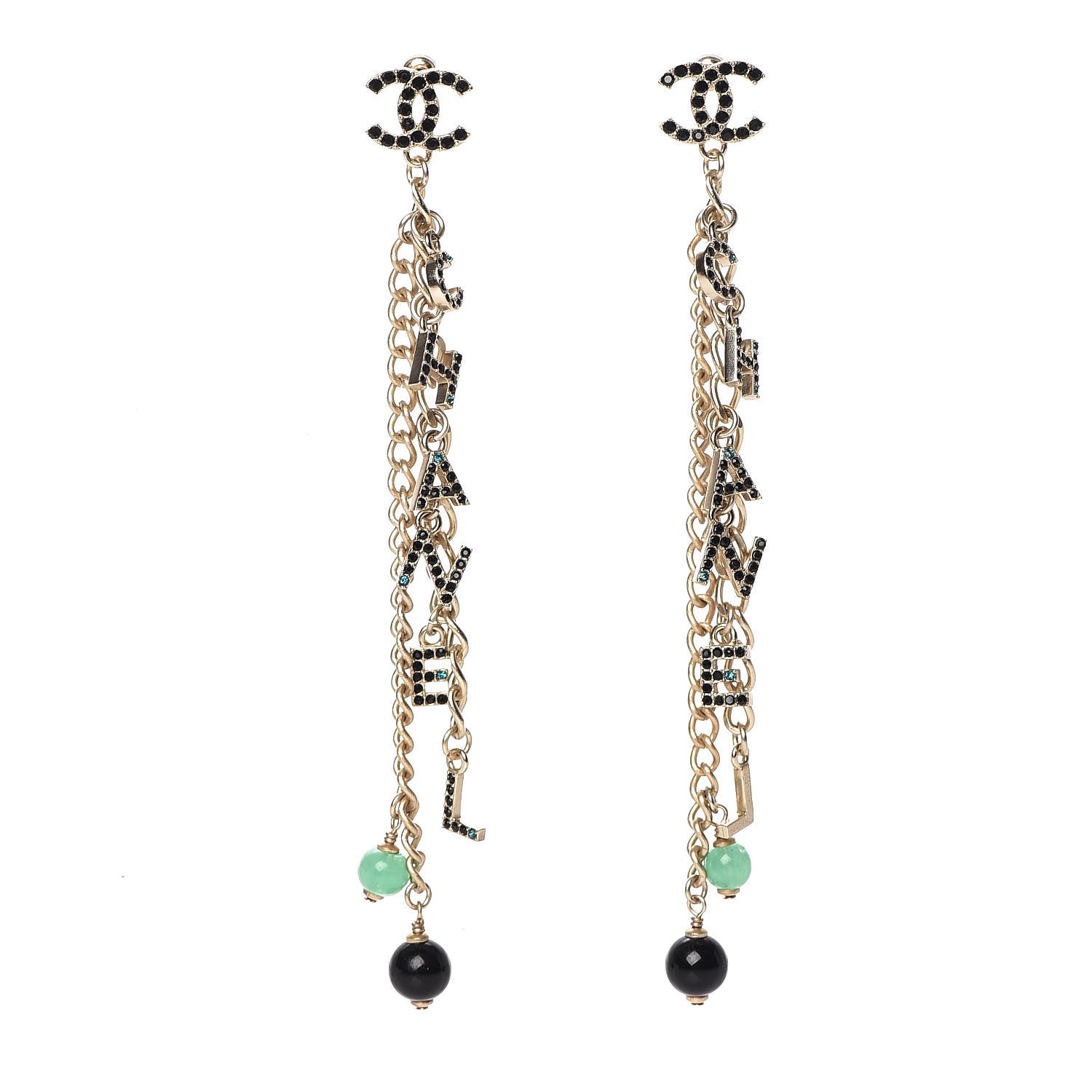 Chanel Crystal Bead Logo Chain Logo Drop Earrings Gold 1 of 4
