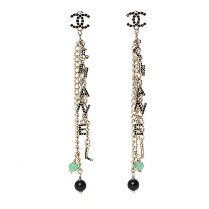 Chanel Crystal Bead Logo Chain Logo Drop Earrings Gold 1 of 4