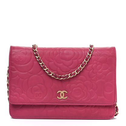 Chanel Lambskin Camellia Embossed Wallet on Chain WOC Fuchsia 1 of 13