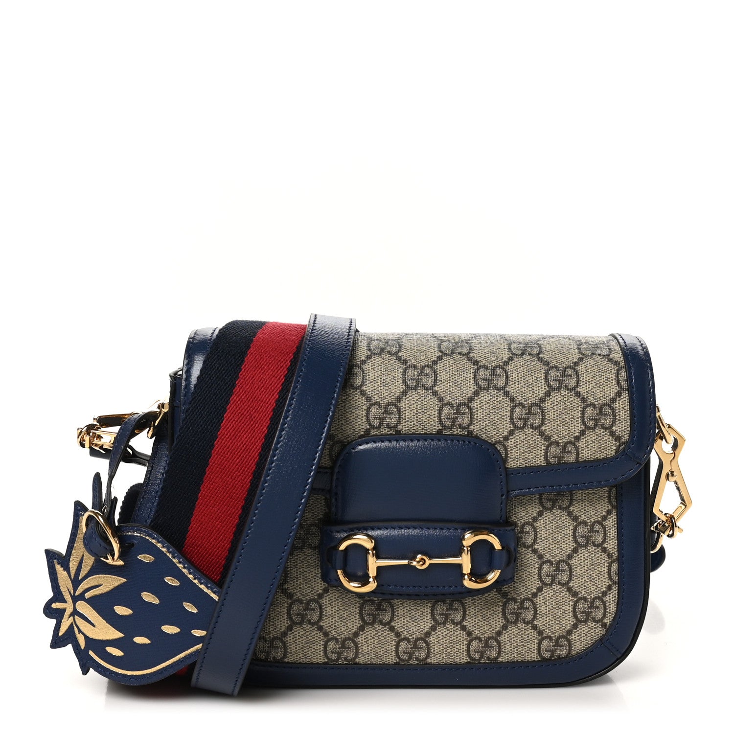 Gucci GG Supreme Monogram Textured Dollar Calfskin Web Mini Horsebit 1955 Shoulder Bag Beige Blue 1 of 9