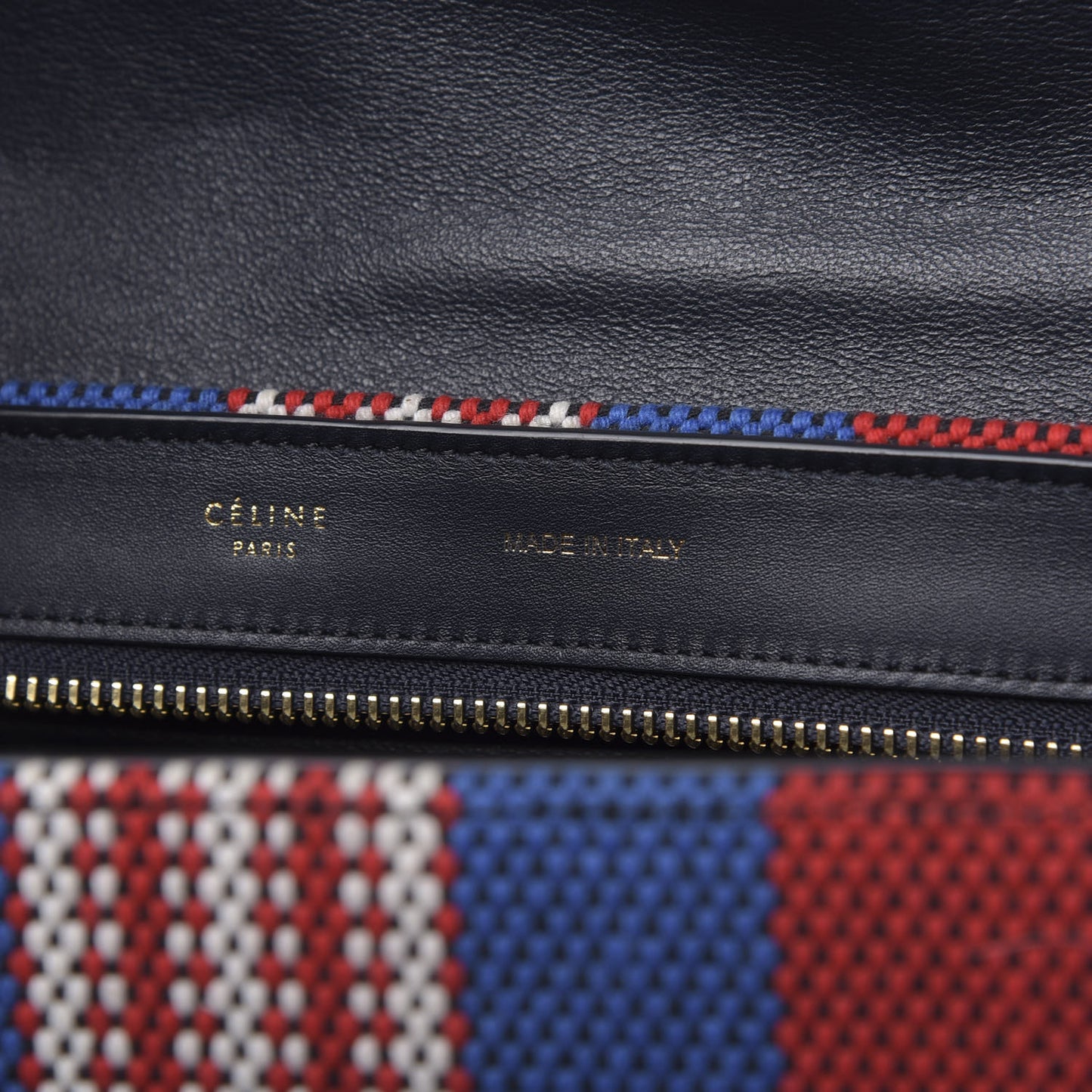 Smooth Calfskin Textile Striped Medium Trapeze Navy Blue