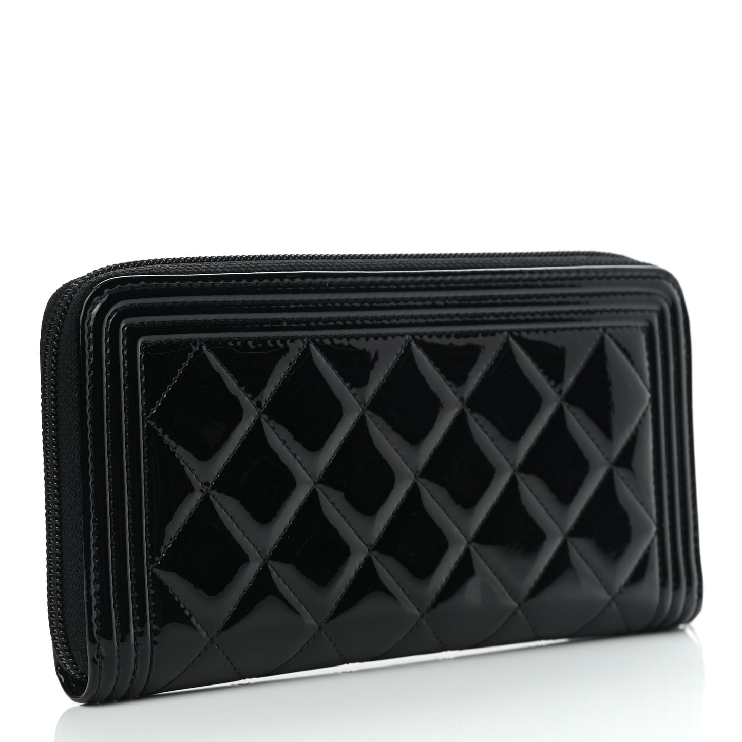 Patent Calfskin Quilted Boy L-Gusset Zip Wallet Black