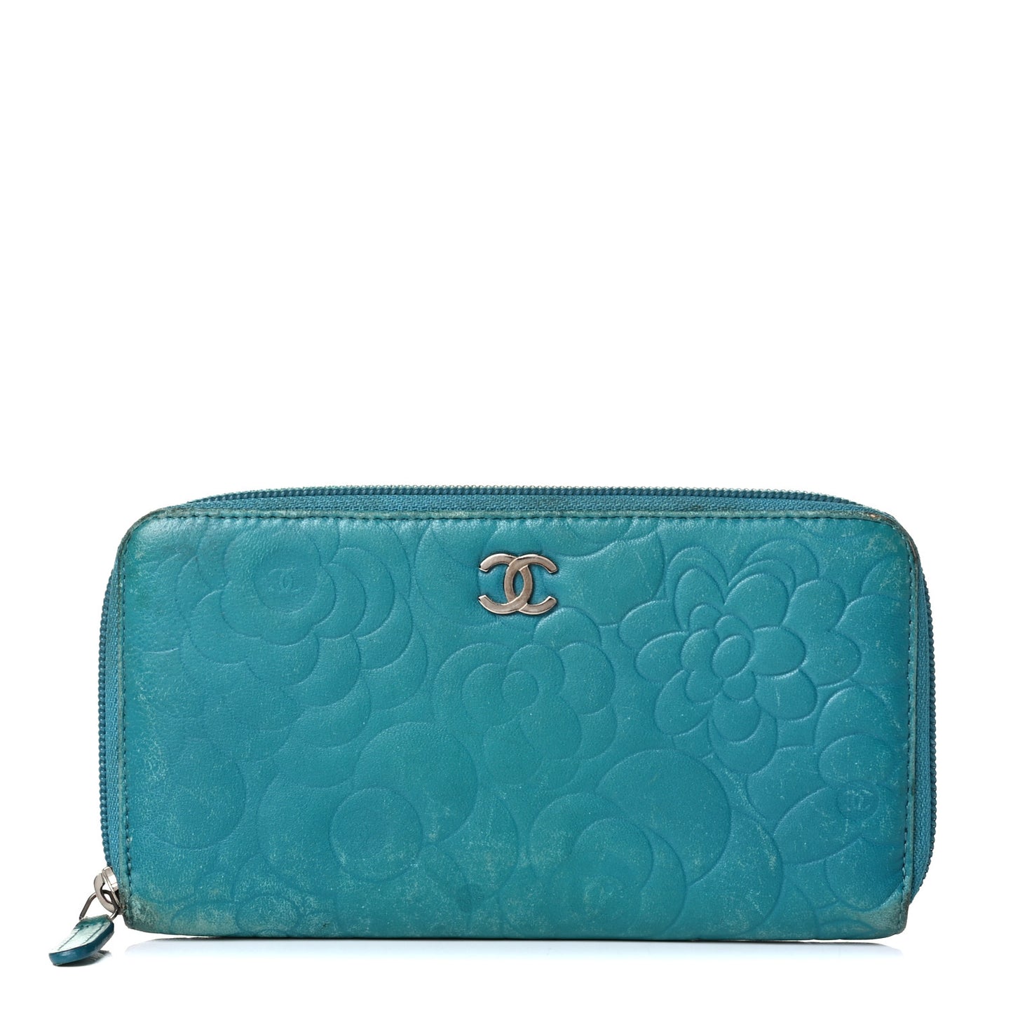 Lambskin Camellia Embossed Large Gusset Zip Around Wallet Blue