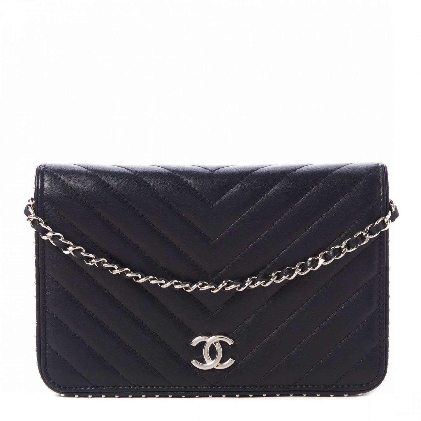 Lambskin Chevron Quilted Studded Wallet On Chain WOC Black
