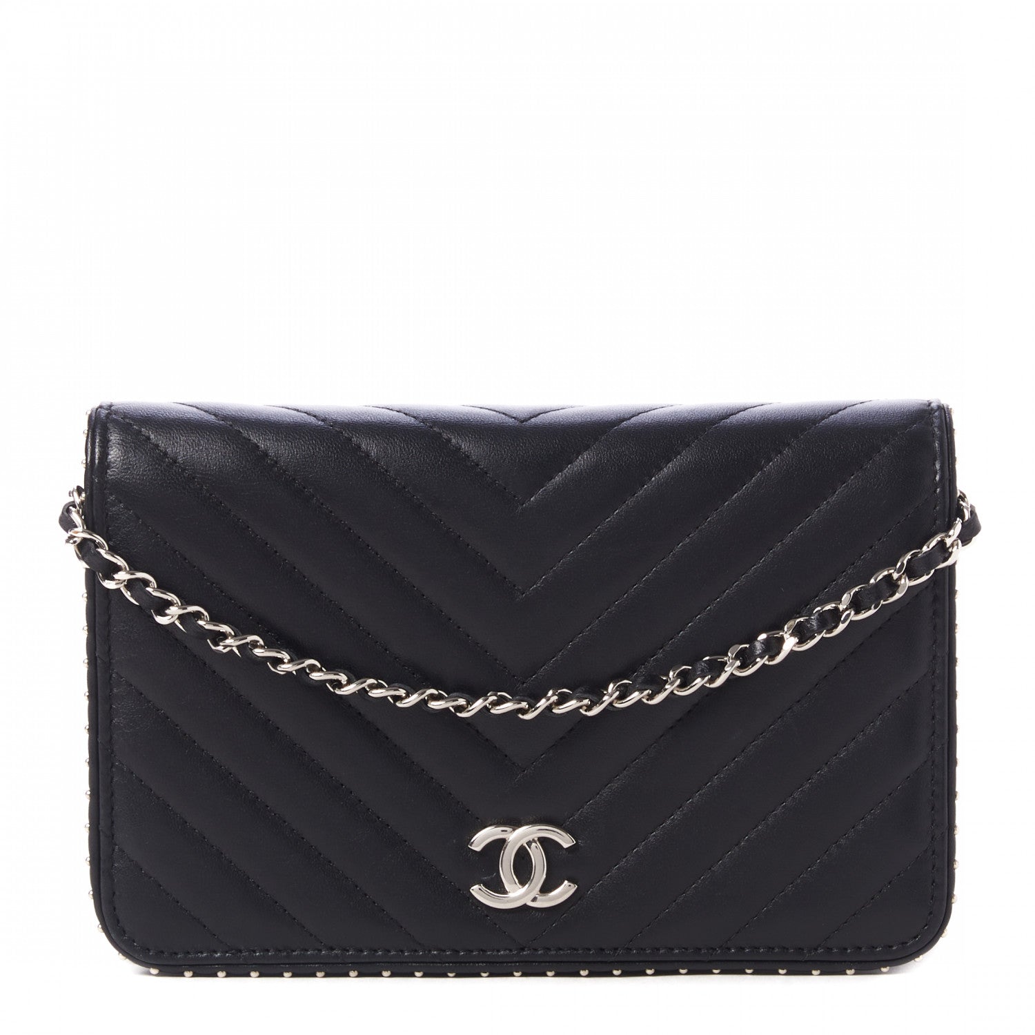 Chanel Lambskin Chevron Quilted Studded Wallet On Chain WOC Black 1 of 9