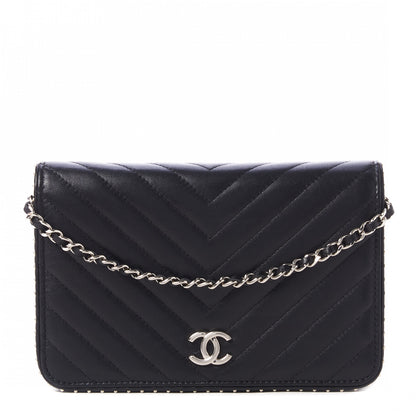 Chanel Lambskin Chevron Quilted Studded Wallet On Chain WOC Black 1 of 9