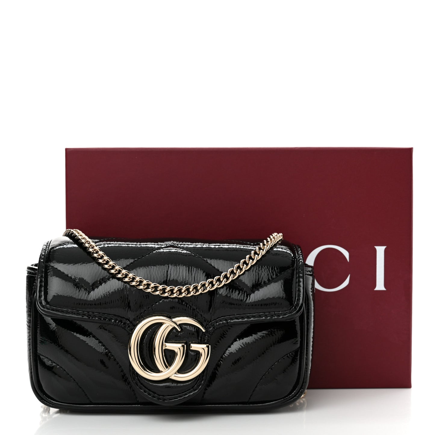 Patent Lambskin Matelasse Super Mini GG Marmont Shoulder Bag Black