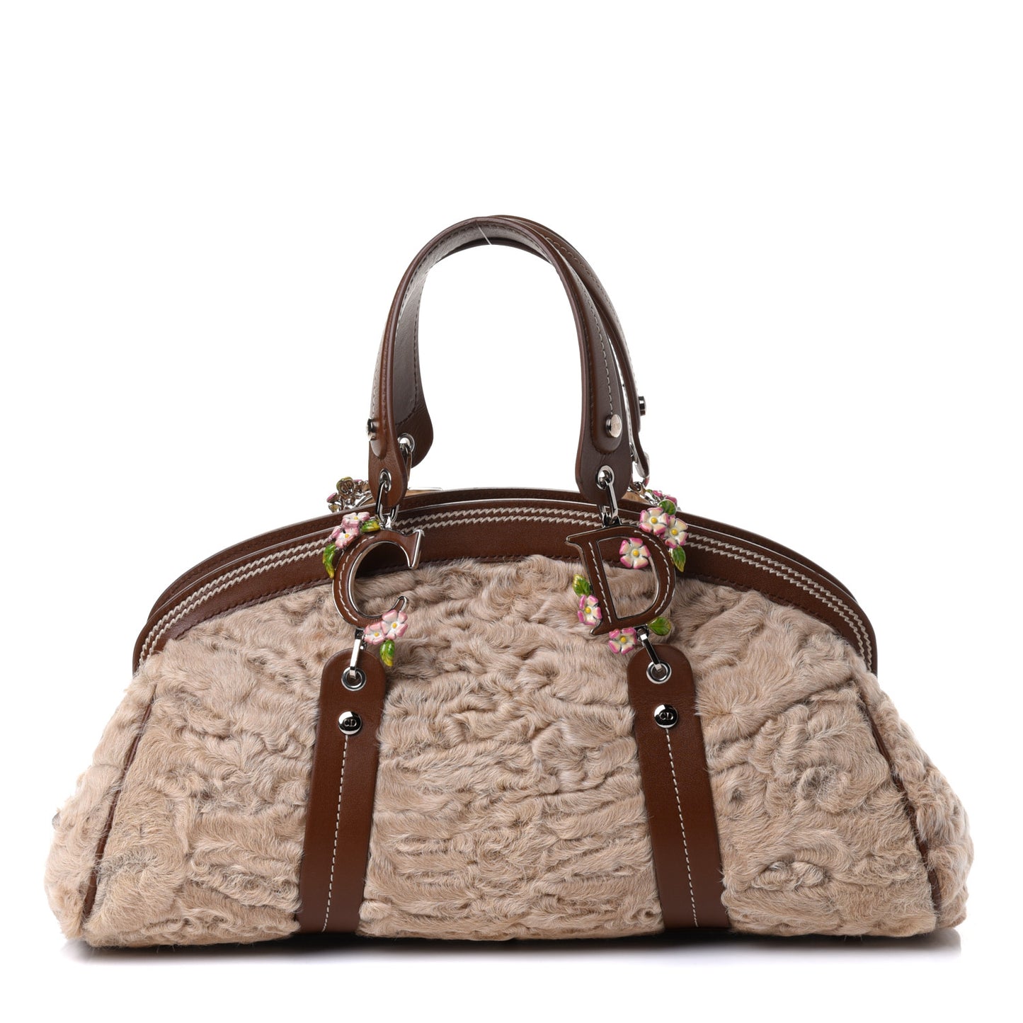 Astrakhan Calfskin Enamel Flower Medium Frame Satchel Beige