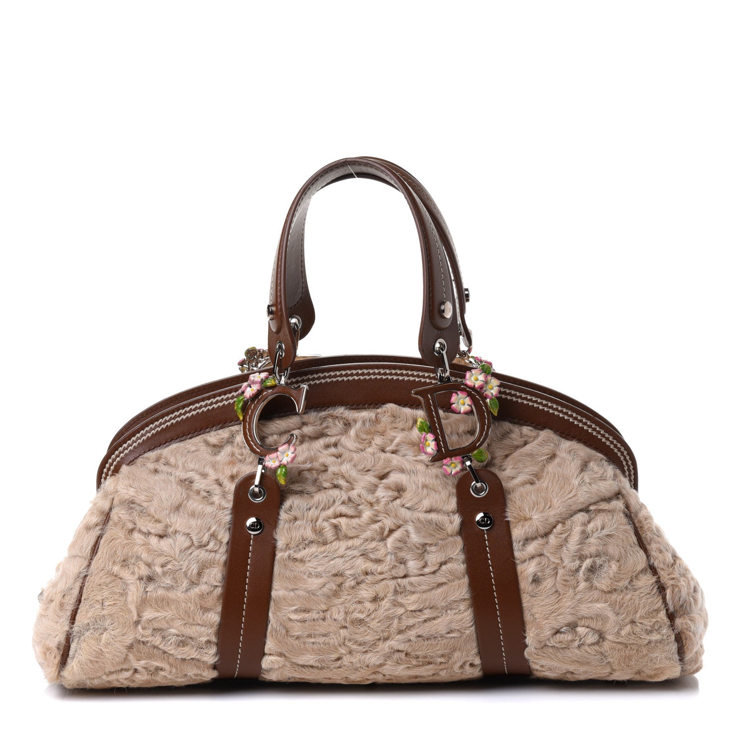 Christian Dior Astrakhan Calfskin Enamel Flower Medium Frame Satchel Beige 1 of 4