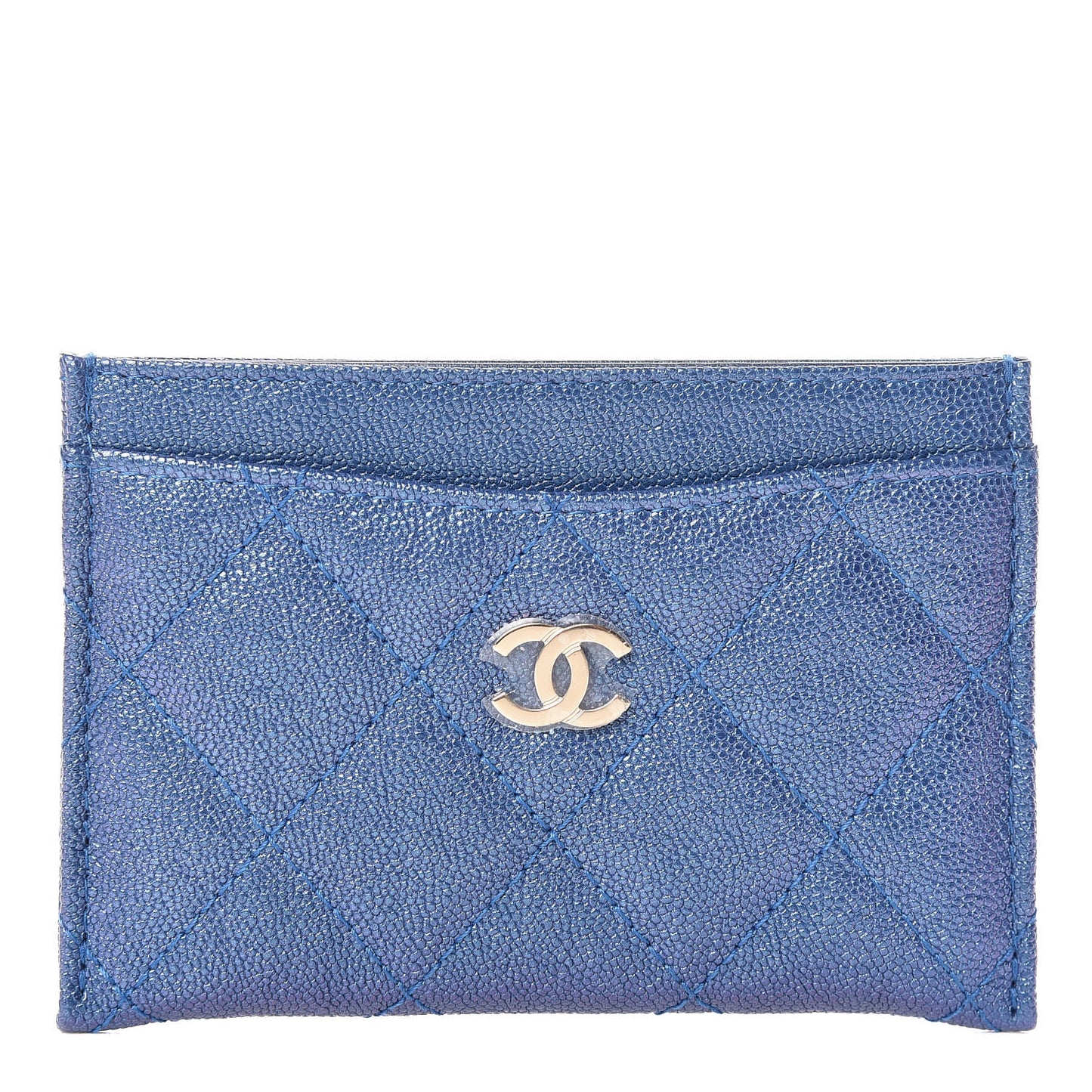 Iridescent Caviar Quilted Card Holder Blue Fonce