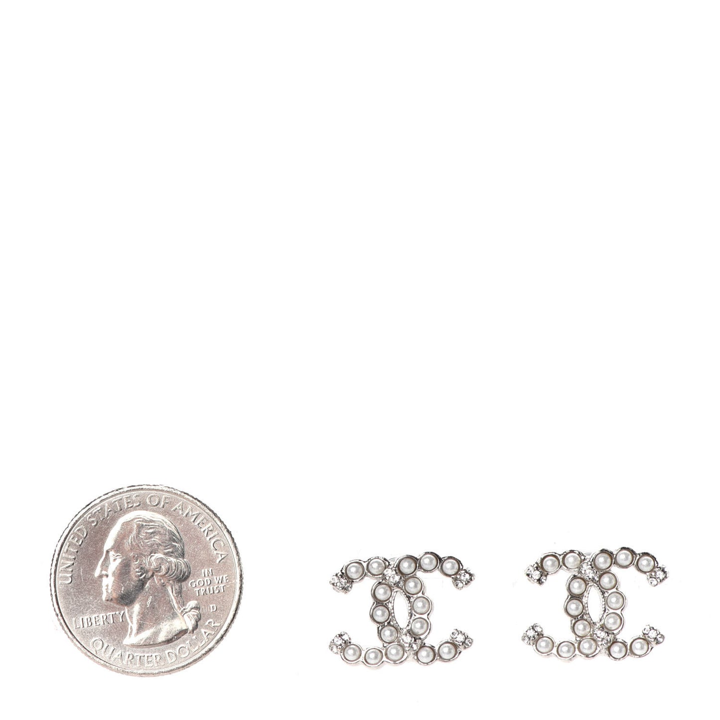 Pearl Crystal CC Regalia Small Button Earrings Silver