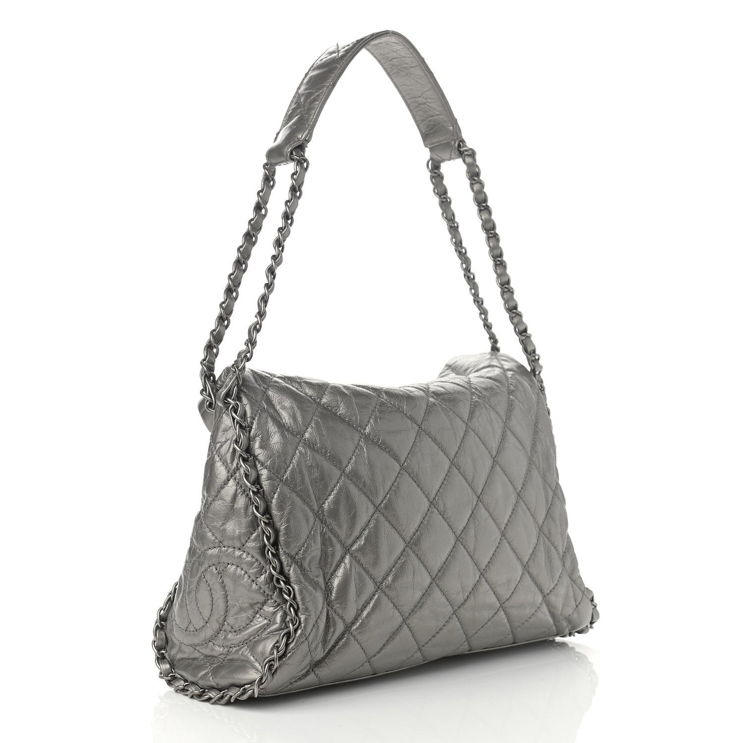 Metallic Aged Calfskin Quilted Medium Chain Me Hobo Grey