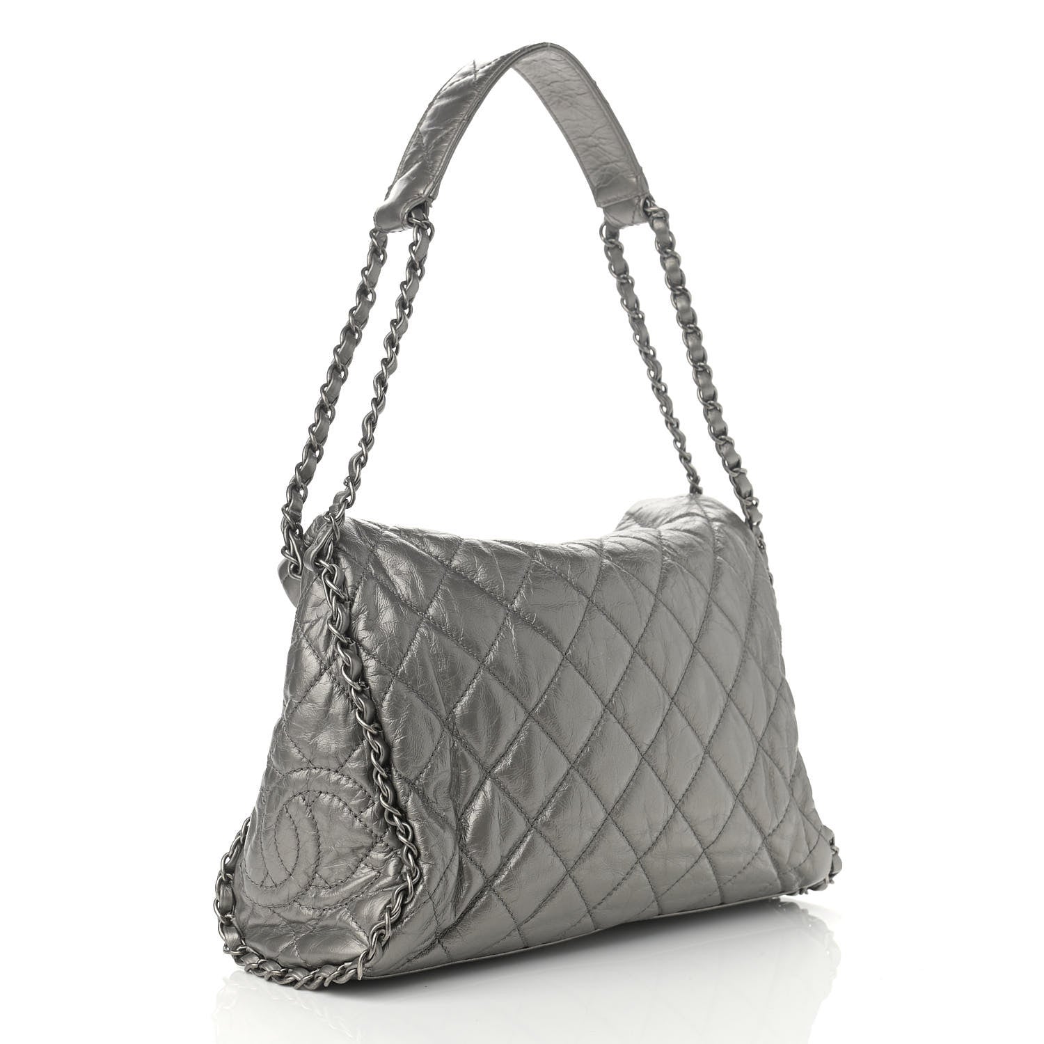 Chanel Metallic Aged Calfskin Quilted Medium Chain Me Hobo Grey 3 of 10