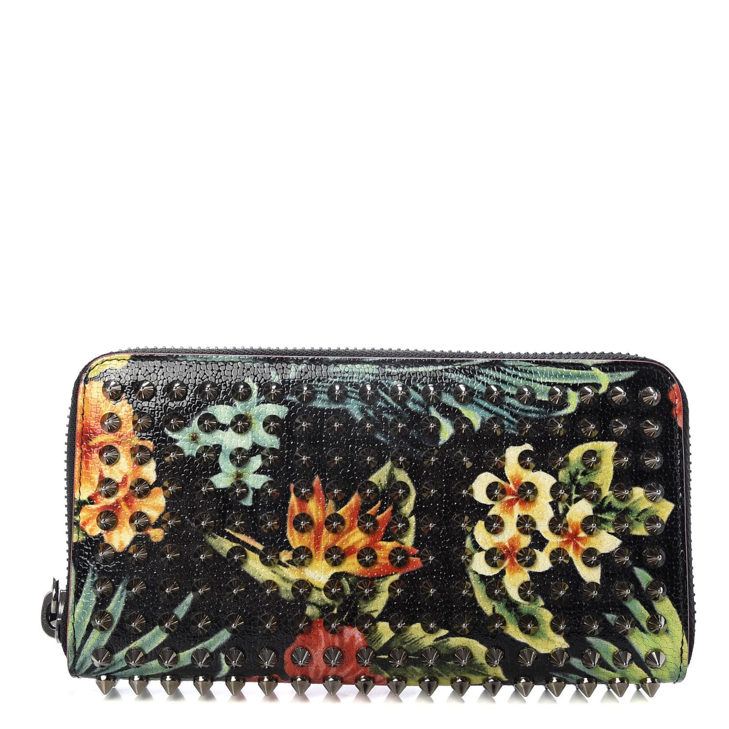 Christian Louboutin Crackled Calfskin Hawaii Print Panettone Spikes Zip Around Wallet Black Silver 1 of 6