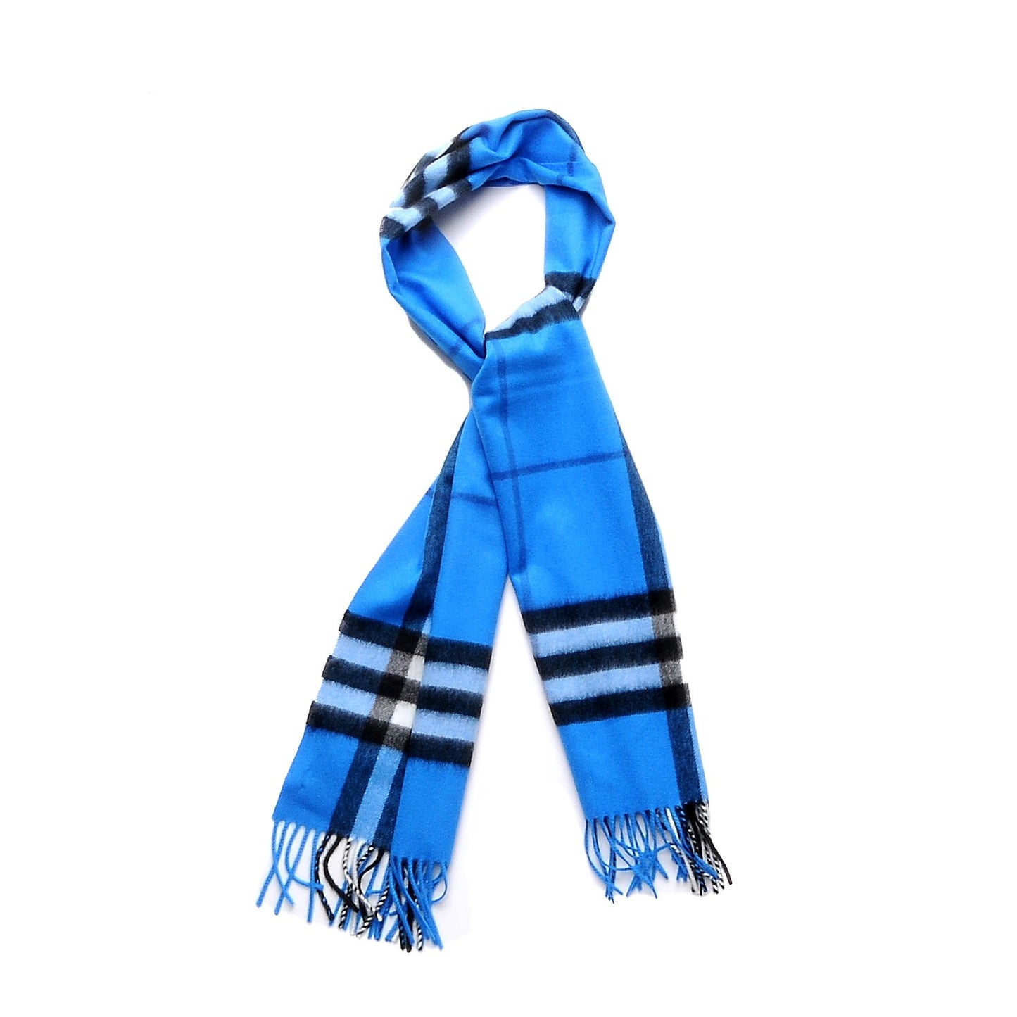 Cashmere Giant Check Fringe Scarf Bright Cornflower Blue