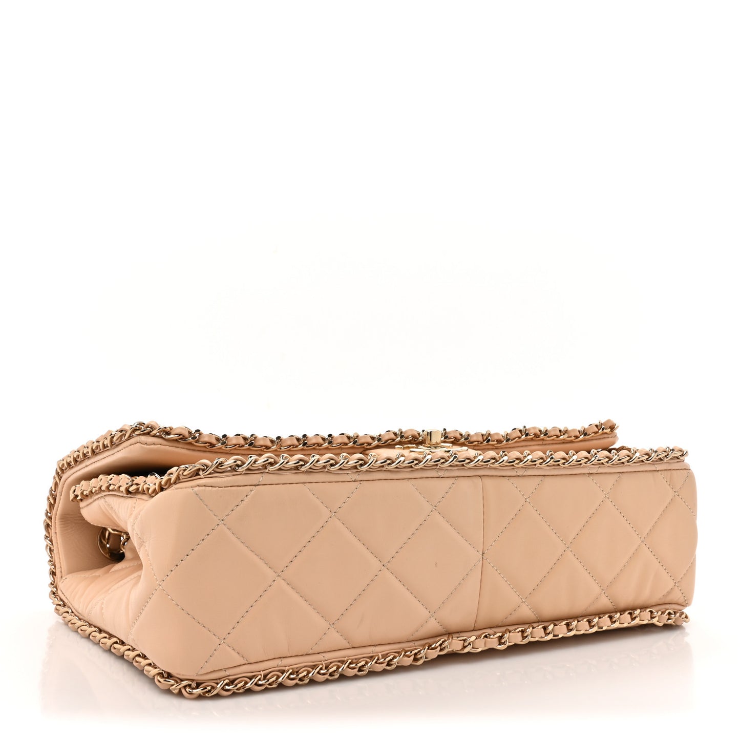 Crumpled Calfskin Quilted Large Chain All Over Flap Bag Beige