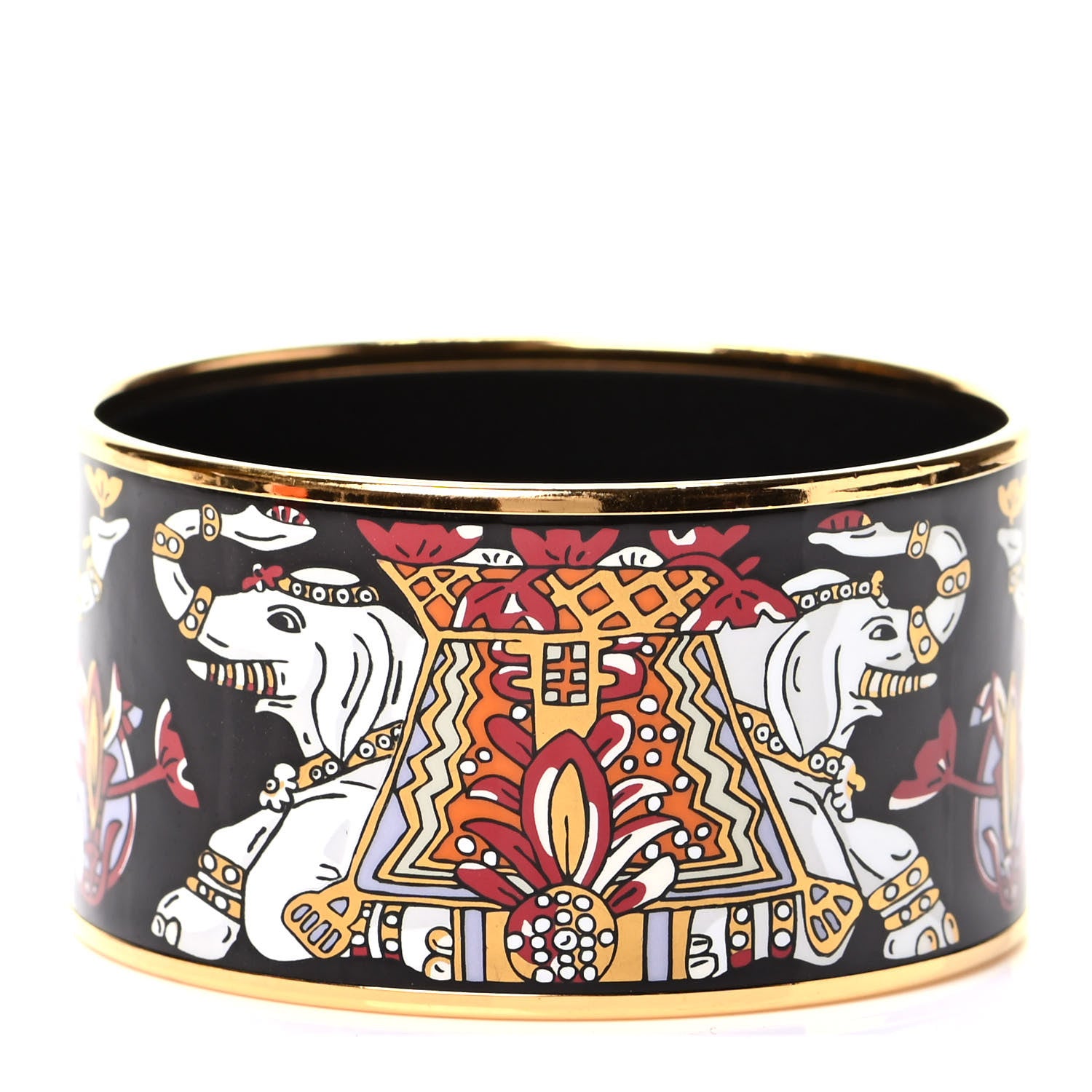 Hermes Enamel Printed Elephant Torana Extra Wide Bracelet 65 Black 1 of 6