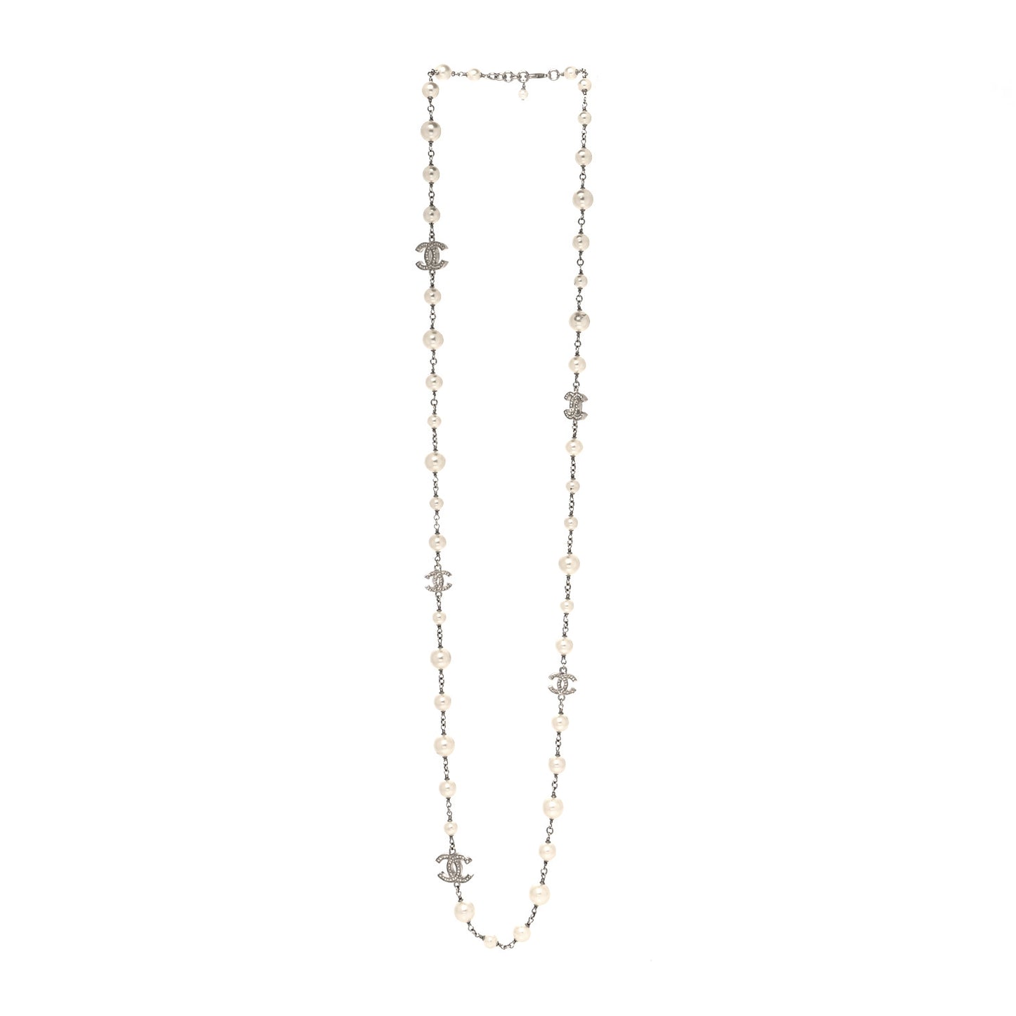 Graduated Pearl Crystal CC Long Necklace Silver