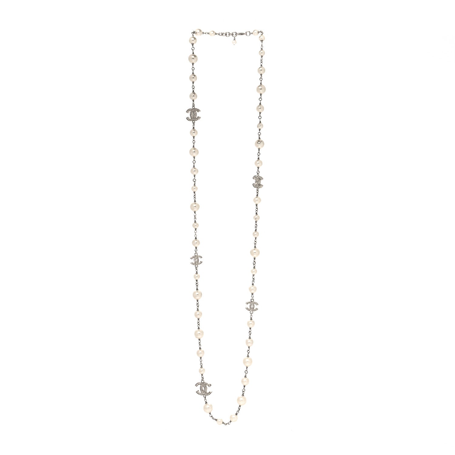 Chanel Graduated Pearl Crystal CC Long Necklace Silver 3 of 5