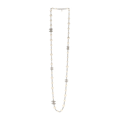 Chanel Graduated Pearl Crystal CC Long Necklace Silver 3 of 5