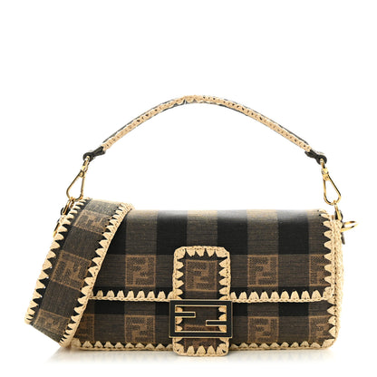 Fendi Fabric Jacquard Raffia Straw Pequin Gingham Woven Baguette Beige Black Natural 1 of 10