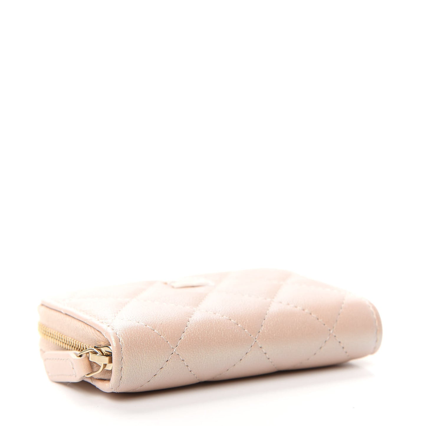 Iridescent Calfskin Quilted Zip Coin Purse Wallet Beige
