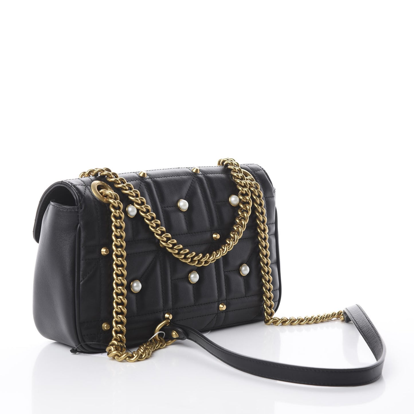 Calfskin Matelasse Studded Small Pearly GG Marmont Shoulder Bag Black