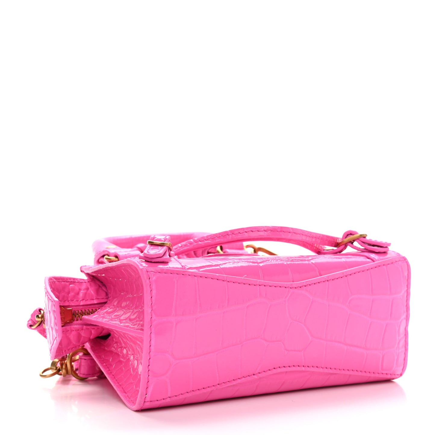 Calfskin Crocodile Embossed Neo Classic Gold Hardware Nano City Crossbody Neon Pink