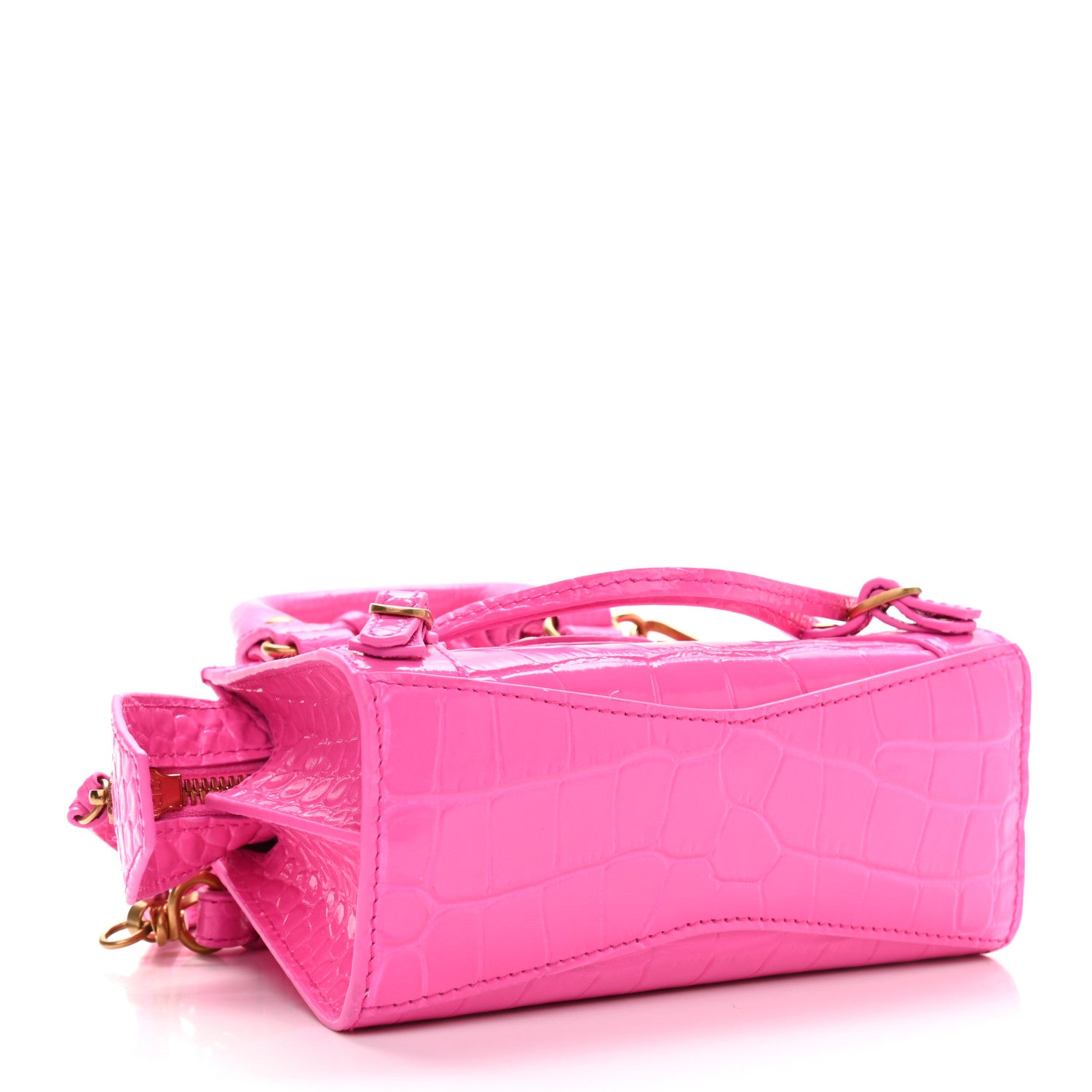 Balenciaga Calfskin Crocodile Embossed Neo Classic Gold Hardware Nano City Crossbody Neon Pink 4 of 8
