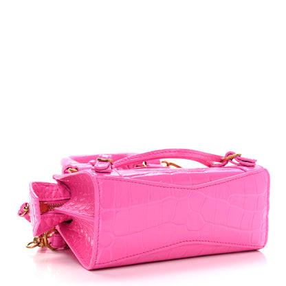 Balenciaga Calfskin Crocodile Embossed Neo Classic Gold Hardware Nano City Crossbody Neon Pink 4 of 8