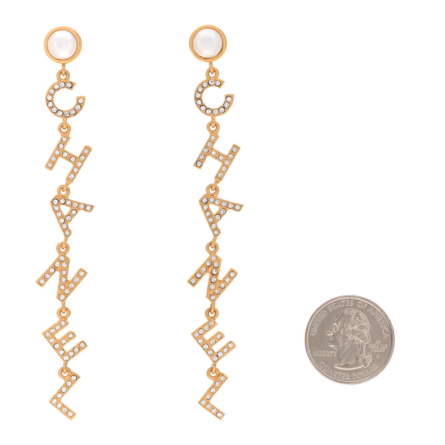 Crystal Pearl Logo Drop Earrings Gold