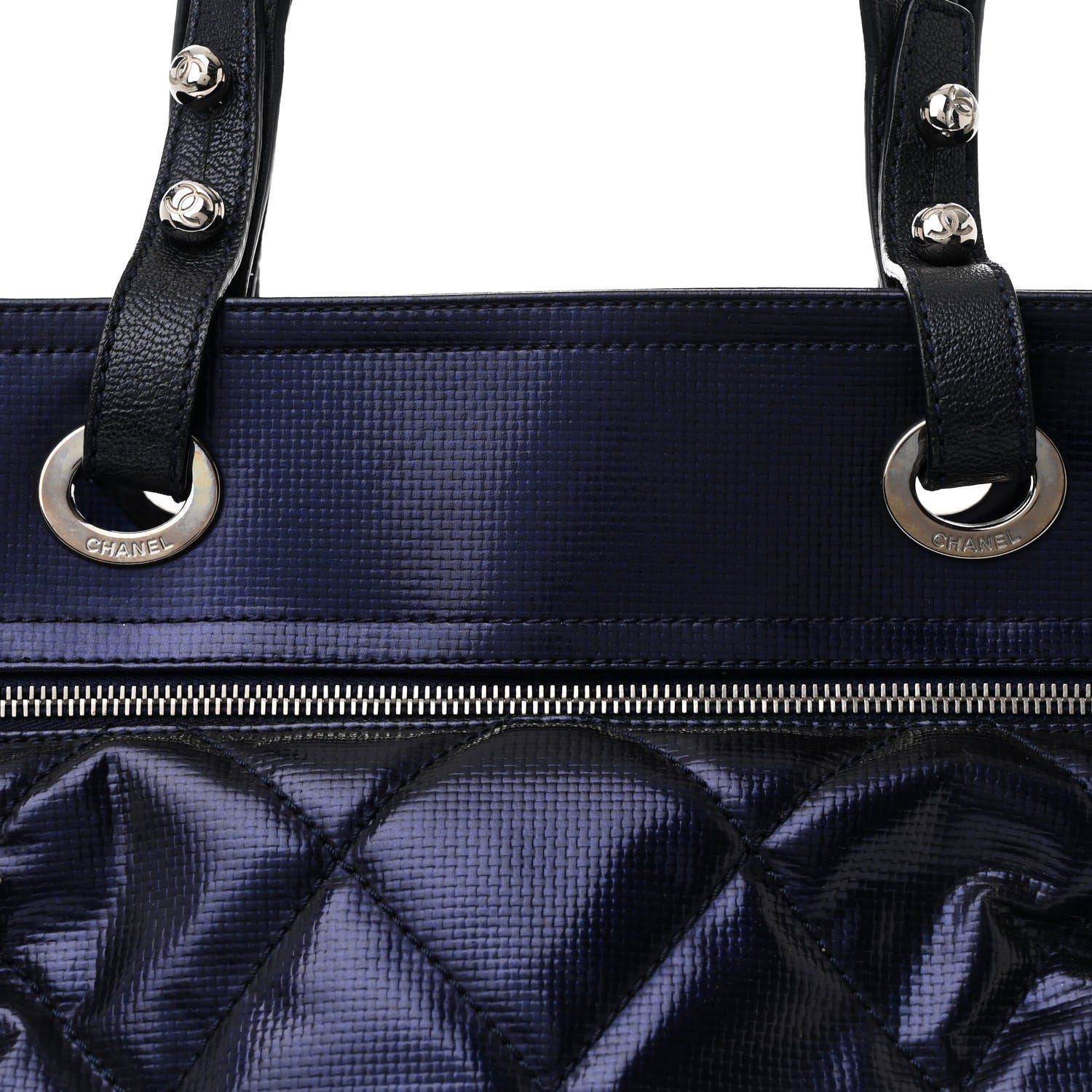 Chanel Metallic Coated Canvas Quilted Large Paris Biarritz Tote Blue 9 of 11