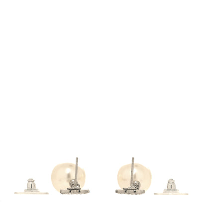 Chanel Crystal Pearl CC Drop Earrings Silver Pearly White 3 of 4