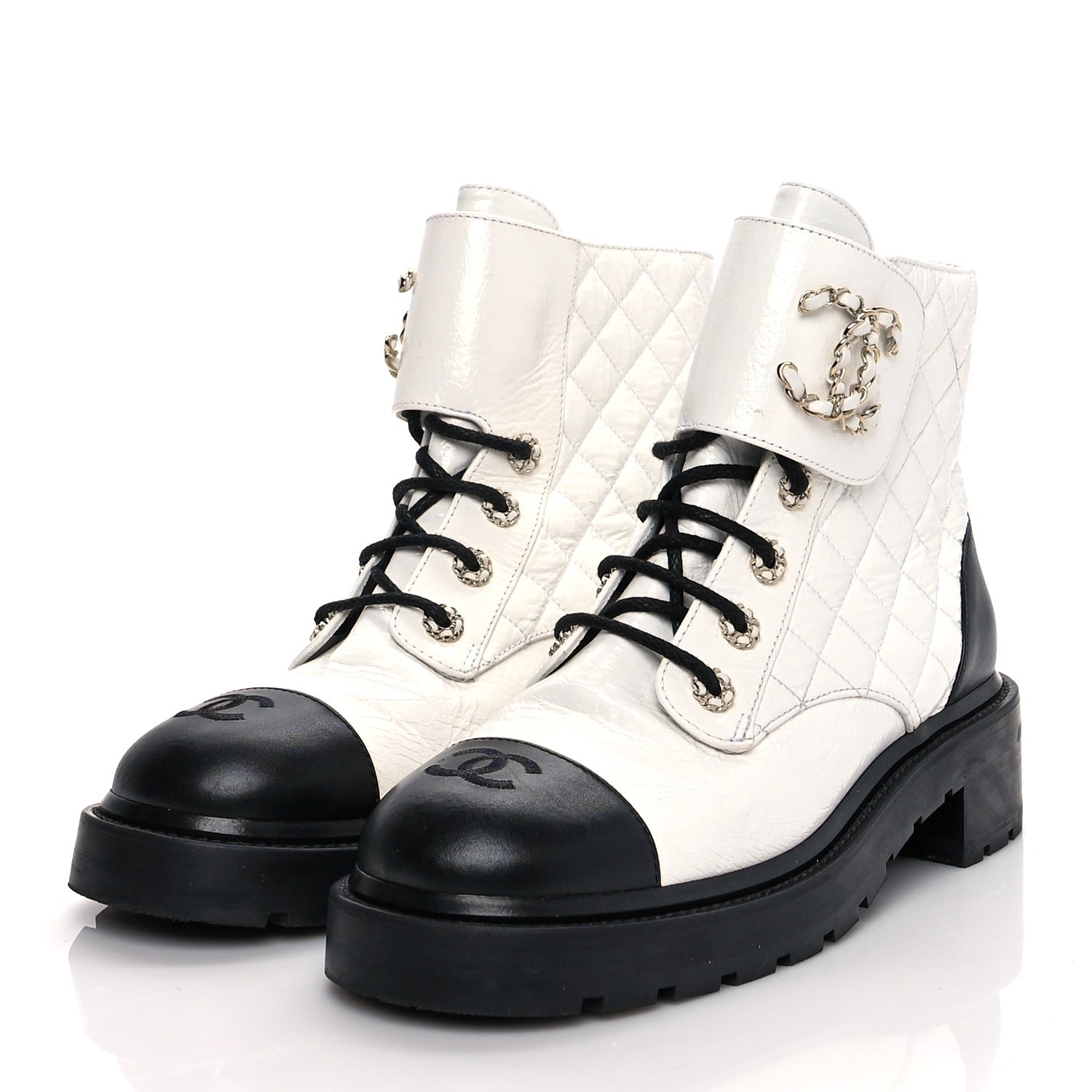 Chanel Shiny Goatskin Calfskin Quilted Lace Up Combat Boots 40.5 White Black 3 of 12