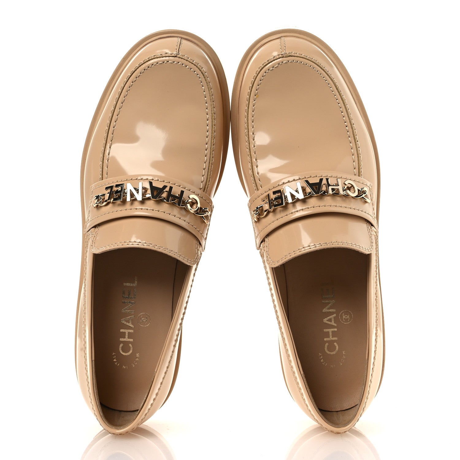 Chanel Shiny Calfskin Logo Loafers 40 Beige 2 of 12