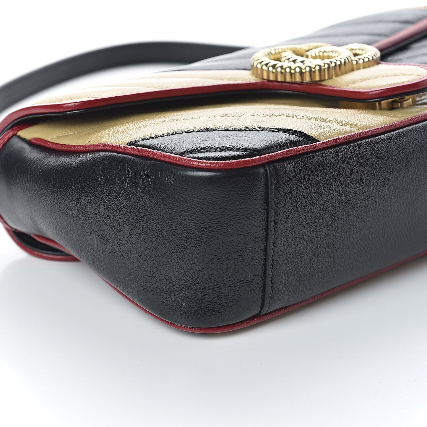 Vintage Effect Calfskin Matelasse Diagonal Striped Small Torchon GG Marmont Shoulder Bag Black Beige
