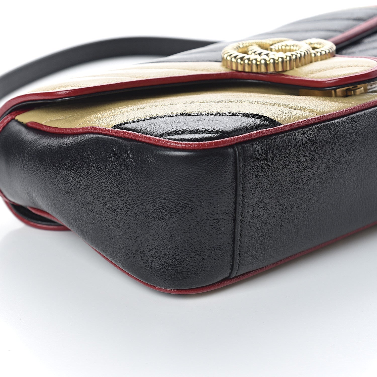 Gucci Vintage Effect Calfskin Matelasse Diagonal Striped Small Torchon GG Marmont Shoulder Bag Black Beige 7 of 8