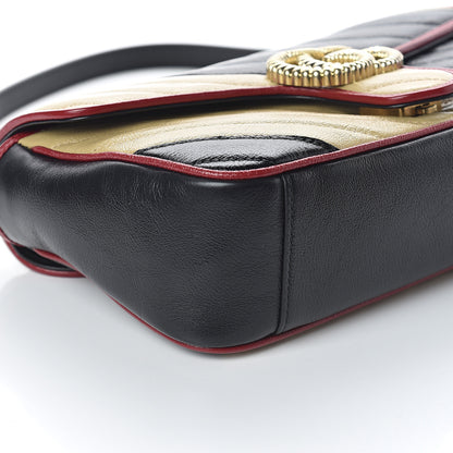 Gucci Vintage Effect Calfskin Matelasse Diagonal Striped Small Torchon GG Marmont Shoulder Bag Black Beige 7 of 8