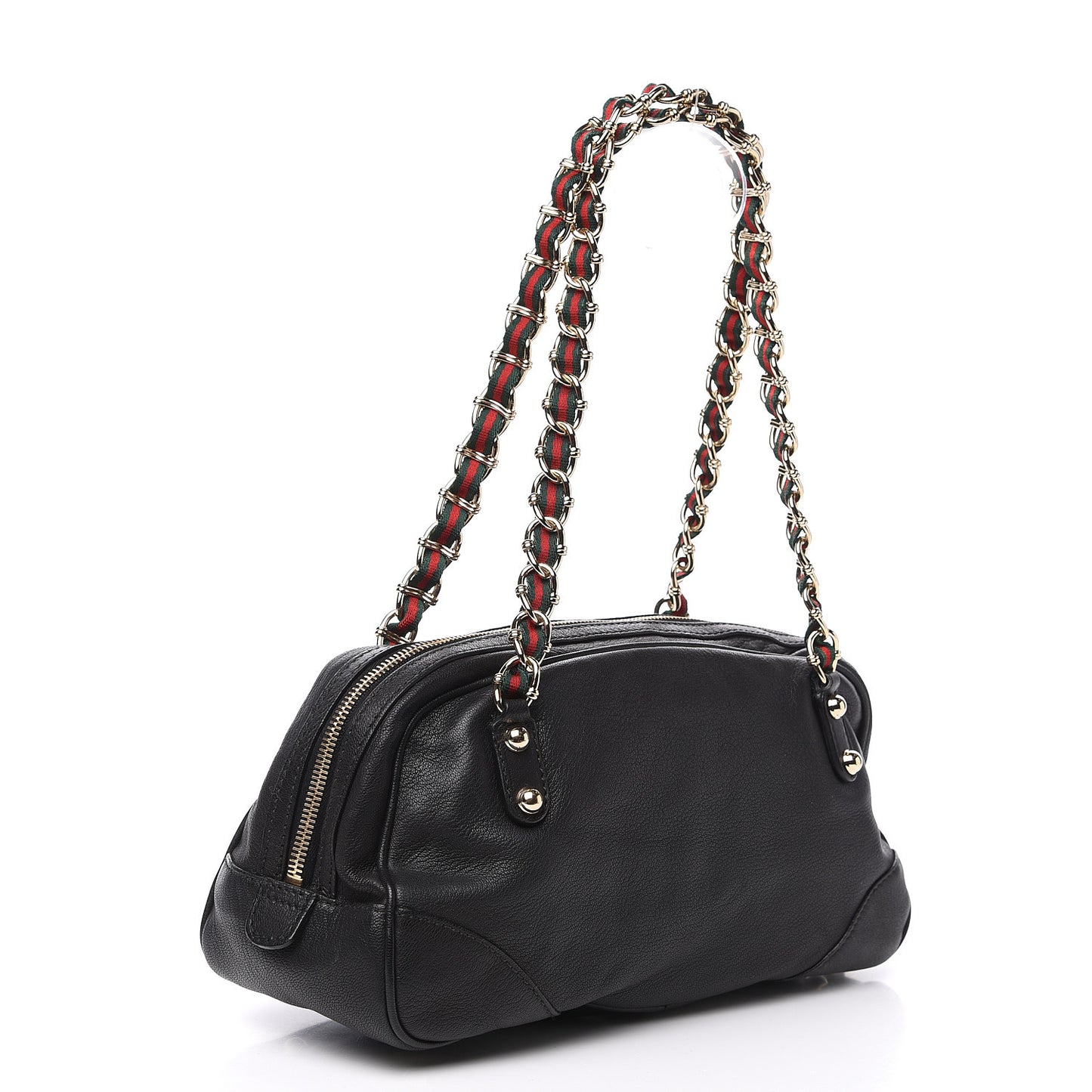 Pebbled Calfskin Chain Web Shoulder Bag Black
