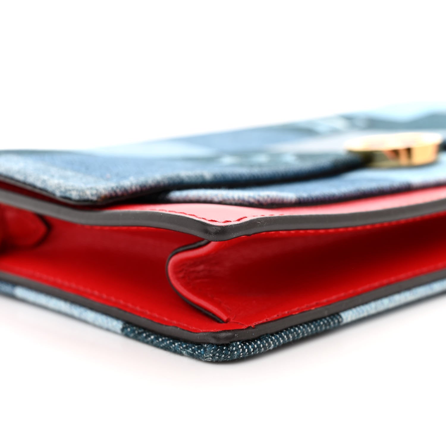 Louis Vuitton Denim Damier Monogram Patchwork Flore Chain Wallet Blue Rouge 8 of 10