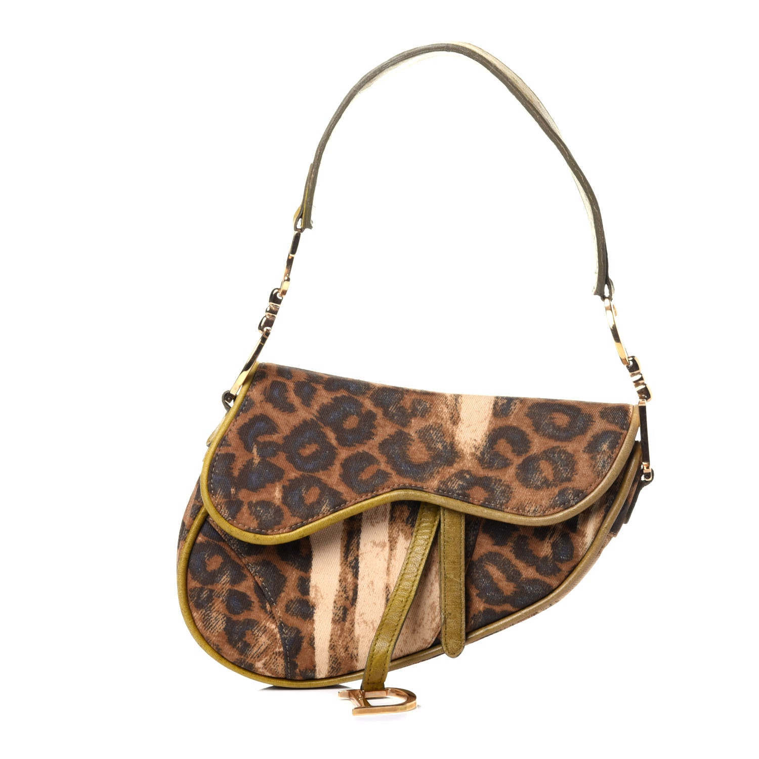 Christian Dior Canvas Leopard Print Ostrich Saddle Bag Brown Green 1 of 14