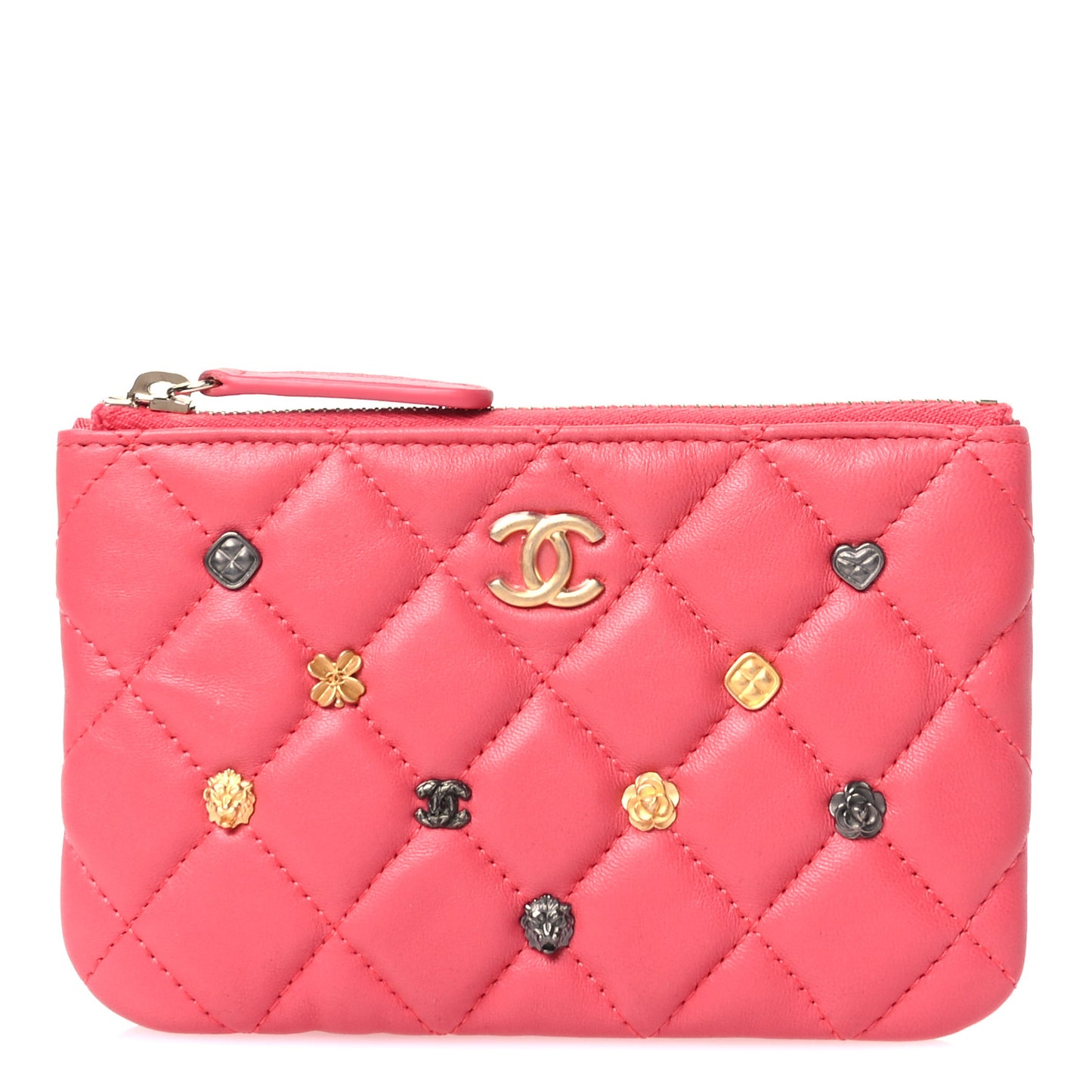 Lambskin Quilted Small Lucky Charms Cosmetic Case Pink