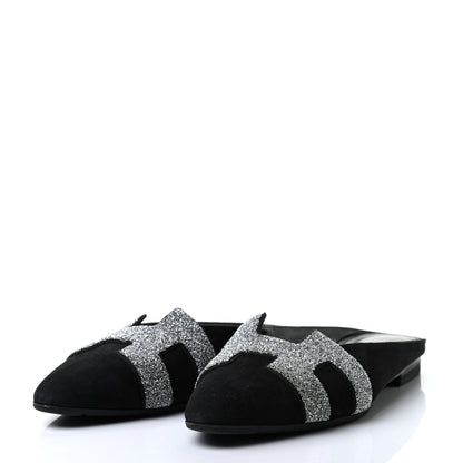Hermes Suede Goatskin Crystal Roxane Mules 38 Gris Argente Black 3 of 8