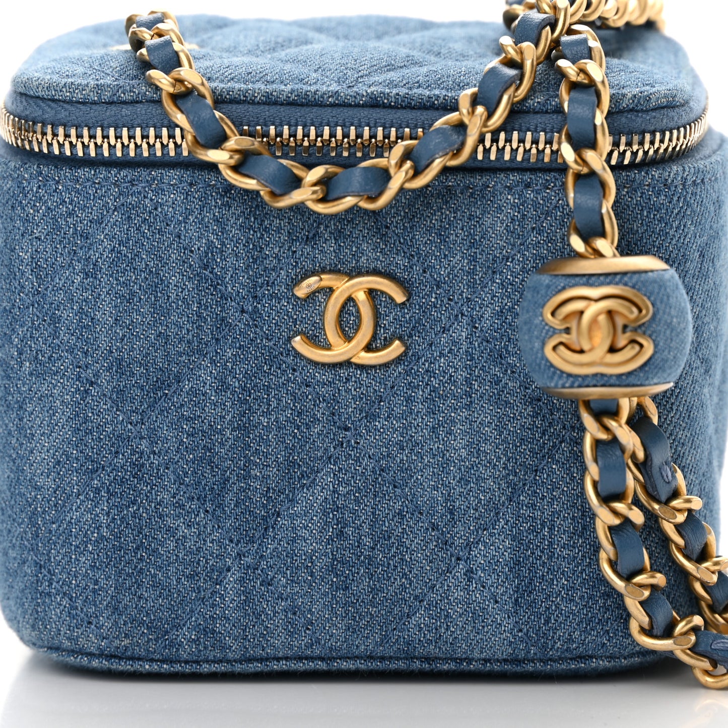 Denim Quilted Mini Pearl Crush Vanity Case With Chain