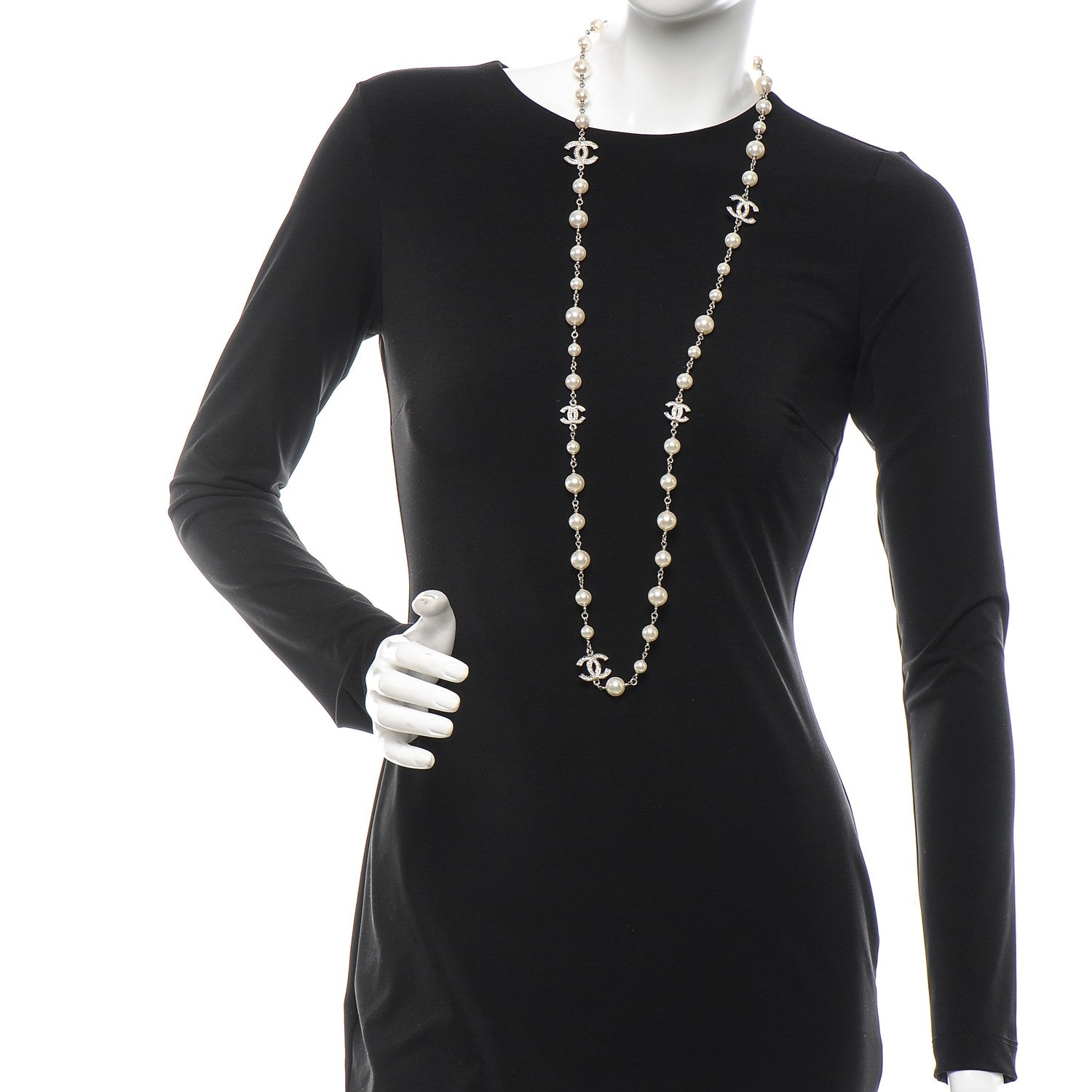 Chanel Crystal Pearl CC Long Necklace Silver 2 of 5