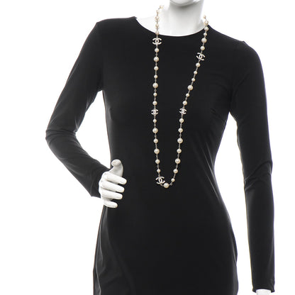 Chanel Crystal Pearl CC Long Necklace Silver 2 of 5