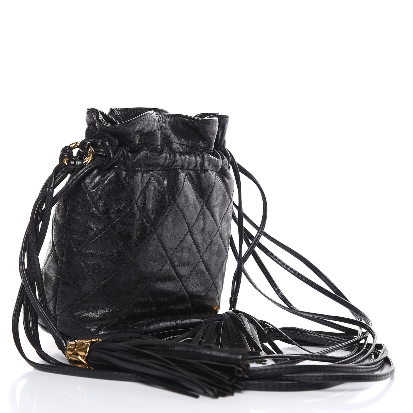 Lambskin Tassel Drawstring Pouch Bag Black