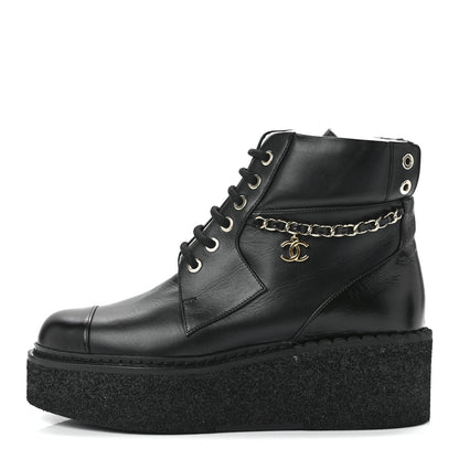 Chanel Calfskin Shiny Calfskin Chain Lace Up CC Short Boots 36.5 Black 1 of 9